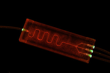 Sticker - Organ-on-a-chip (OOC) - microfluidic device chip that simulates biological organs that is type of artificial organ. Prototype of design lab-on-a-chip in microfluidic laboratory