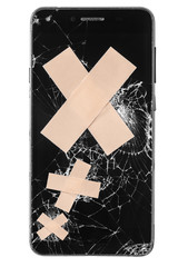 broken mobile phone / cellphone / smartphone screen with patch stitches isolated on white background