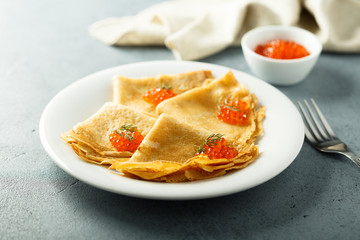 Poster - Homemade pancakes with red caviar