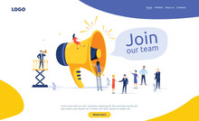 Group Of People Shouting On Megaphone Join Our Team Vector Illustration Concept. Flat Style Illustration For Web.