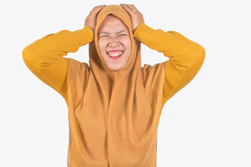 Young beautiful smiling Asian woman express surprised and excited, face expression of Muslim asian woman wearing hijab isolated over white background