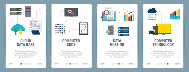 Wall Mural - Vector set of vertical web banners with cloud data base, computer code, data hosting and computer technology. Vector banner template for website and mobile app development with icon set.