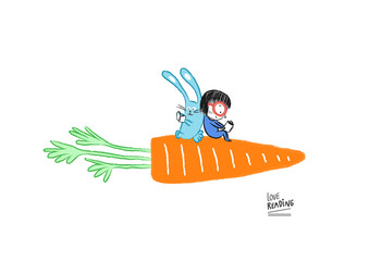 Little girl reading with a rabbit on a big carrot, vector illustration