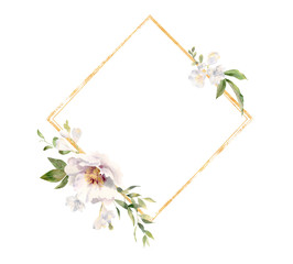 Wall Mural - Golden frame decorated with handpainted watercolor flowers