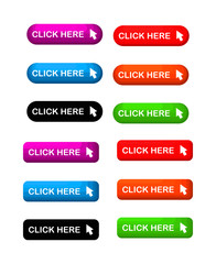 Wall Mural - click here colorful button set. icons web isolated on white background. vector illustration.