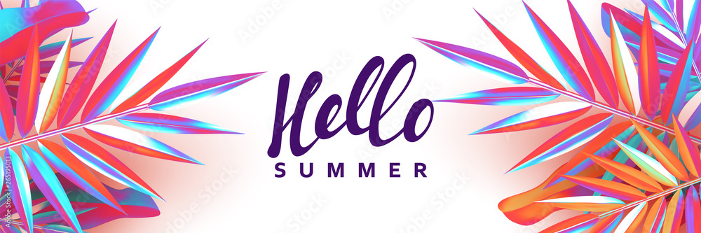 Summer banner. Background palm leaves branches of gradient color. - obrazy, fototapety, plakaty 