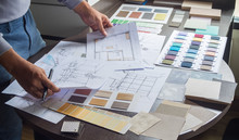 Architect Designer Interior Creative Working Hand Drawing Sketch Plan Blue Print Selection Material Color Samples Art Tools Design Studio