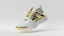 Creative Minimal Luxury Product Idea. Concept White And Gold Shoe With White Background. 3d Render.