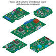 Vector set of isometric printed circuit boards with electronic components