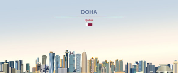 Fototapete - Vector illustration of Doha city skyline on colorful gradient beautiful daytime background