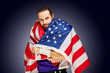 © Georgii - american Football Player with uniform and american flag proud of his country, on a white background.