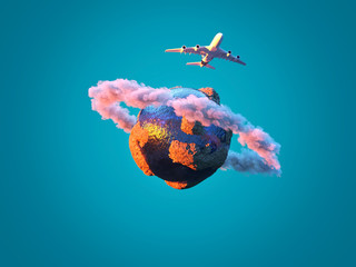 Wall Mural - airplane flies over the small planet
