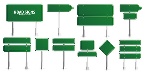 Wall Mural - road green traffic signs set. blank board with place for text. mockup. isolated information sign. di