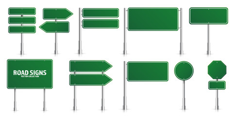 Wall Mural - road green traffic signs set. blank board with place for text. mockup. isolated information sign. di