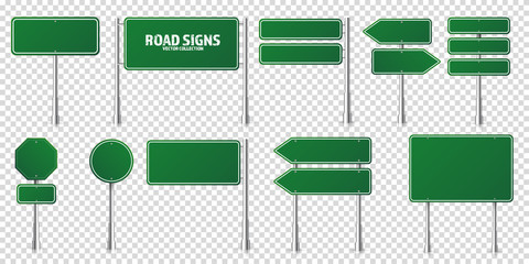 Road green traffic signs set. Blank board with place for text. Mockup. Isolated information sign. Direction. Vector illustration.