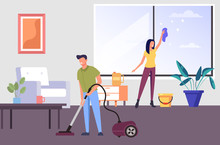 Two People Man And Woman Characters Cleaning Living Room Apartment Together. House Work Concept. Vector Flat Graphic Design Cartoon Illustration