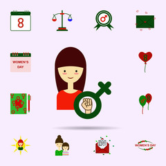 Sticker - Girl, woman symbol, hand color icon. Universal set of 8 march for website design and development, app development