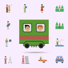 Poster - Train, woman, man cartoon icon. Universal set of travel for website design and development, app development