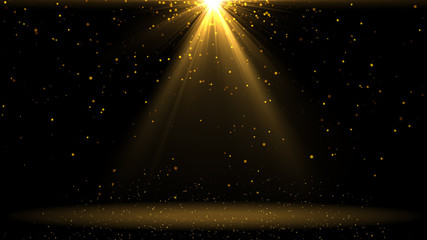 gold lights shining .golden background with shiny stars and rays.sparkles or particle glitter lighti