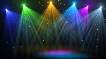 Wall Mural - abstract of empty stage with colorful spotlights or several bright projectors for scene lighting eff