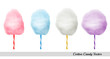 Vector realistic cotton candies on colourful confectionery candyfloss sticks. Sweet sugar clouds.