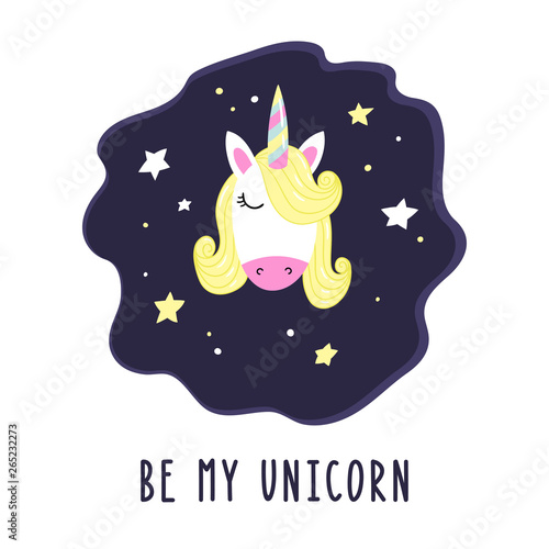 Fotomural Cute cartoon unicorn with stars and the inscription Be my Unicorn
