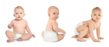 Set Of Cute Little Babies Crawling On White Background