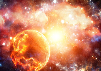 Wall Mural - abstract artistic glowing bright fiery exploding planet in a supernova background