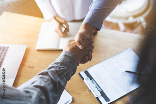 Fotomural Two businessmen handshaking in meeting after final project agreement deal done