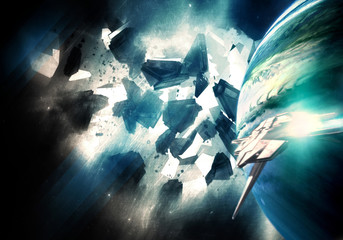 Wall Mural - amazing spaceship near a planet in a colorful nebula view in deep space