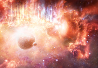 Wall Mural - artistic planet flows into a beautiful unique multicolored nebula galaxy background