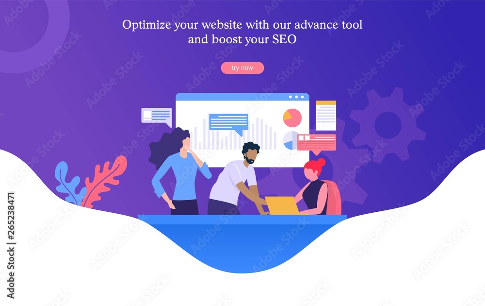 group of people working on SEO optimization, business people discuss , 3d vector illustration concept, digital meeting.  Can use for, landing page, template, ui, web, homepage, poster, banner, flyer - obrazy, fototapety, plakaty 