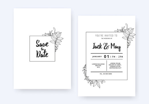 Minimalist wedding invitation card template design, foliage line art ink drawing with square frame on white