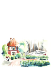 Page Template. A Small Red Two-storey House In The Garden Among Lush Greenery - Green Trees And Bushes, A White Car Is Parked Nearby. Hand-drawn Watercolor Sketch. Illustration.