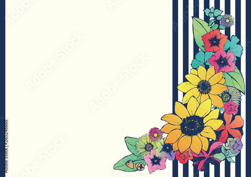 レトロ調 夏のフレーム 向日葵 手書きの花柄 背景素材 和柄 ストライプ Stock Vector Adobe Stock