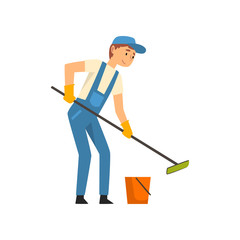 Sticker - Cleaning Man with Bucket and Mop Washing Floor, Male Worker Character Dressed in Uniform and Rubber Gloves, Cleaning Service Vector Illustration