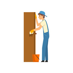 Sticker - Cleaning Man Wiping Dust from Locker, Male Worker Character Dressed in Uniform and Rubber Gloves, Cleaning Service Vector Illustration