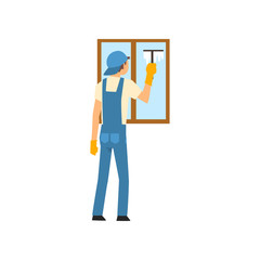 Canvas Print - Cleaning Man Washing Window Using Squeegee, Male Worker Character Dressed in Uniform and and Rubber Gloves, Cleaning Service Vector Illustration