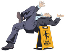 Man Falls On Wet Floor. Warning Sign. Stock Illustration.