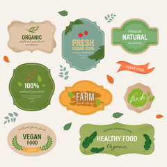 set of natural label and organic label green color. Farm fresh eco vintage labels and badges watercolor handdrawn paint.