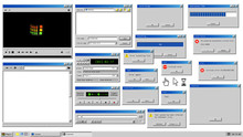 Old User Interface. Retro Browser Windows And Error Message Popup. Mockup Of Vintage Multi Media Player, Voice Recorder And Dialog Box With System Information. Pixelated Computer Mouse Icons.