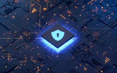 circuit board and shield icon,Hardware security, computer data protection and electronic technology concept,