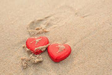 Wall Mural - Chocolate color Lovely red heart on the beach. Background is a natural in real place, creative Valentine's Day Concept, tropical style background made in Phuket, Thailand.