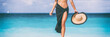 Beach travel woman banner. Skin care leg laser epilation hair removal sexy legs woman. Luxury travel lower body panorama copy space crop.