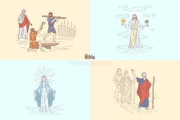 Bible story plots, myth and legends, biblical characters, Noah Ark, God creating world, Moses prophet banner template