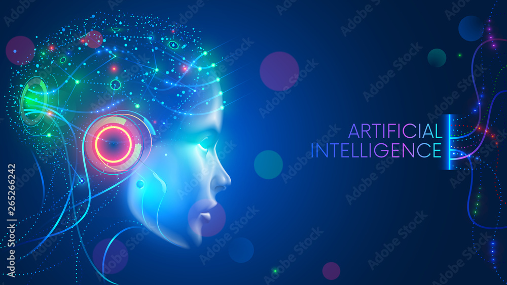 Artificial intelligence in humanoid head with neural network thinks. AI with Digital Brain is learning processing big data, analysis information. Face of cyber mind. Technology background concept. - obrazy, fototapety, plakaty 
