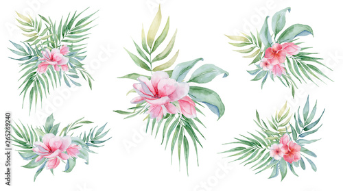 Cuadros en Lienzo Tropical watercolor flowers and leaves