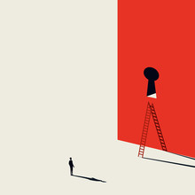 Business Creative Solution Vector Concept With Businessman And Keyhole Door With Ladder. Minimalist Art Style. Symbol Of Opportunity, Challenge, Innovation, Strategy And Success.