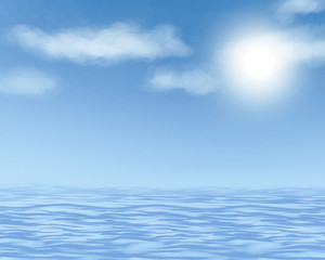 illustration of concept sea or ocean calm water waves, sky cloudscape and sun.