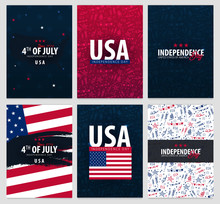 4th Of July. USA Independence Day Celebration Banners With Hand Draw Doodle Background, American Flag. Vector Illustration.
